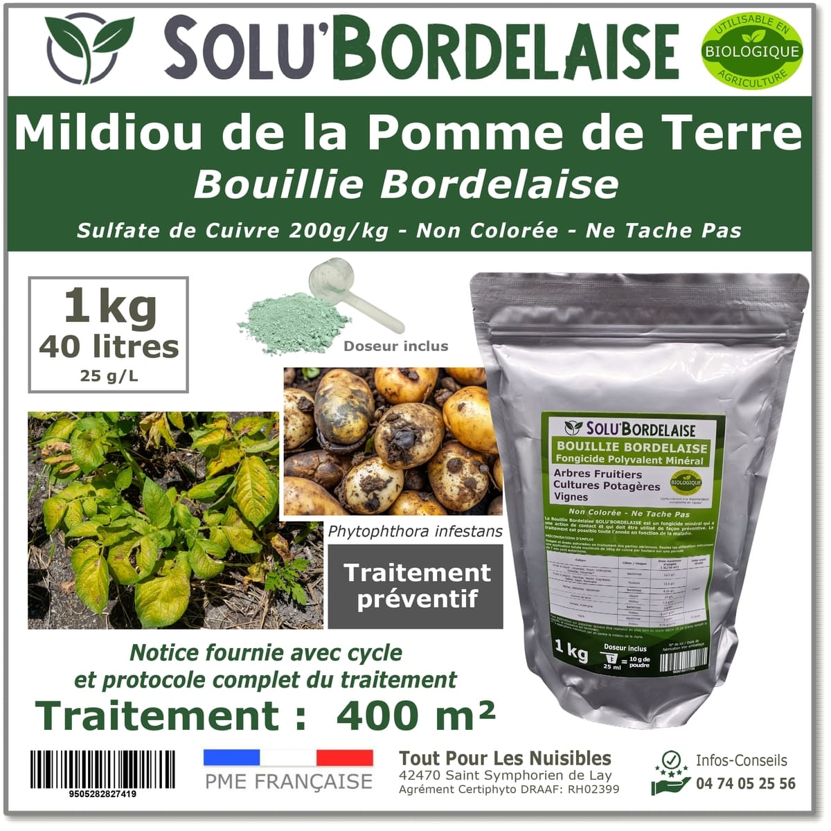 Bouillie Bordelaise Non Colorée spécial Mildiou de la pomme de terre, SOLU
