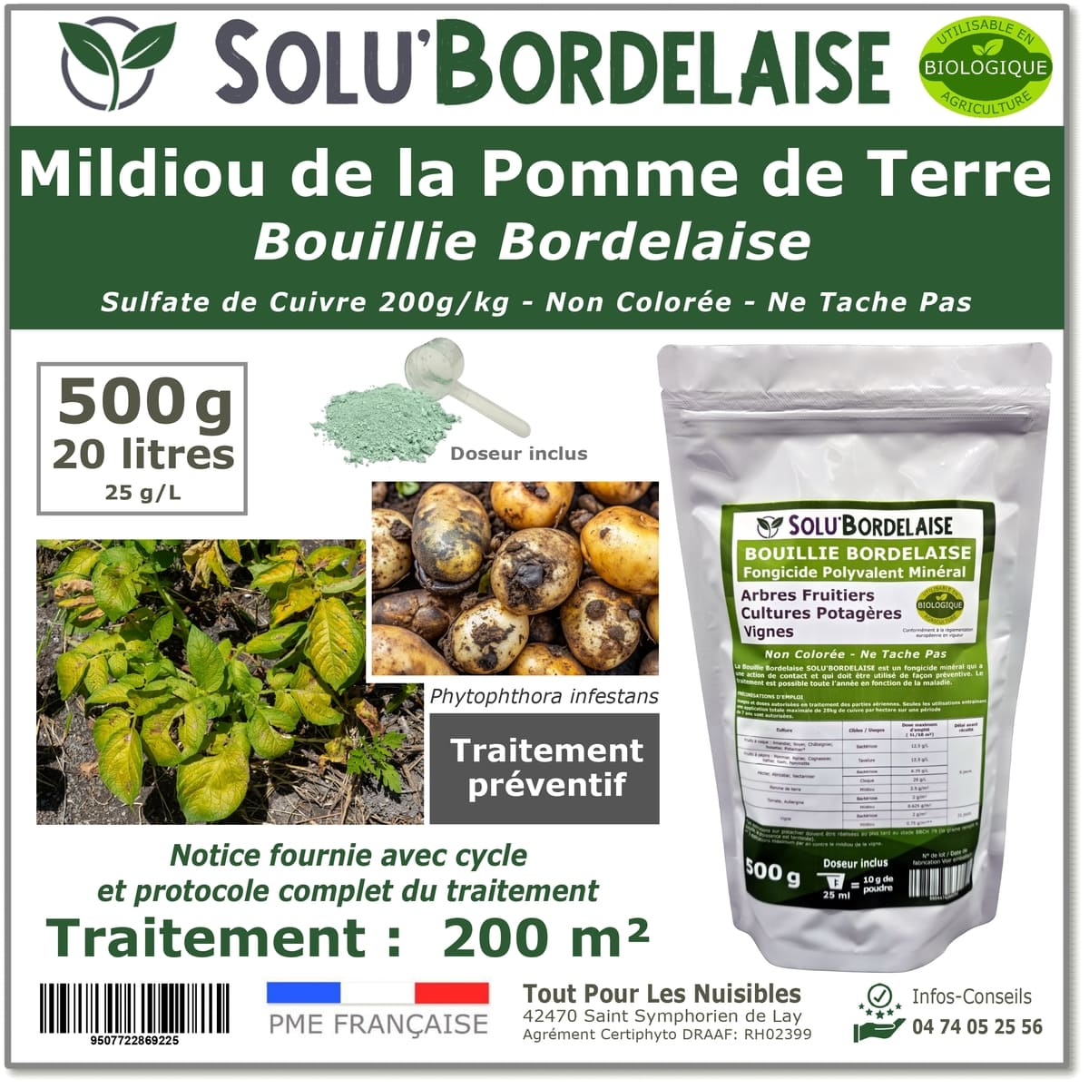 Bouillie Bordelaise Non Colorée spécial Mildiou de la pomme de terre, SOLU