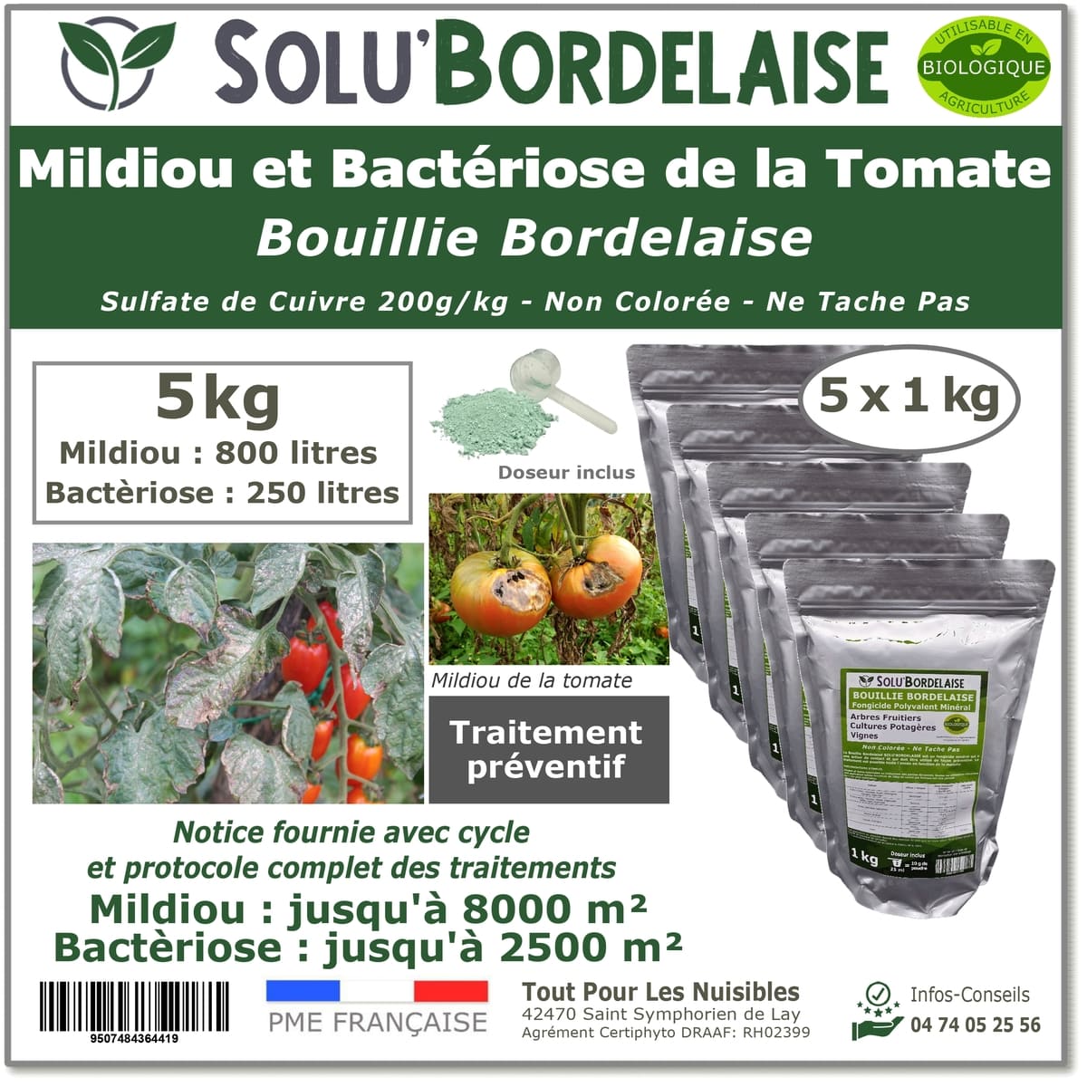 Bouillie Bordelaise Non Colorée spécial Mildiou et Bactériose de la Tomate, SOLU