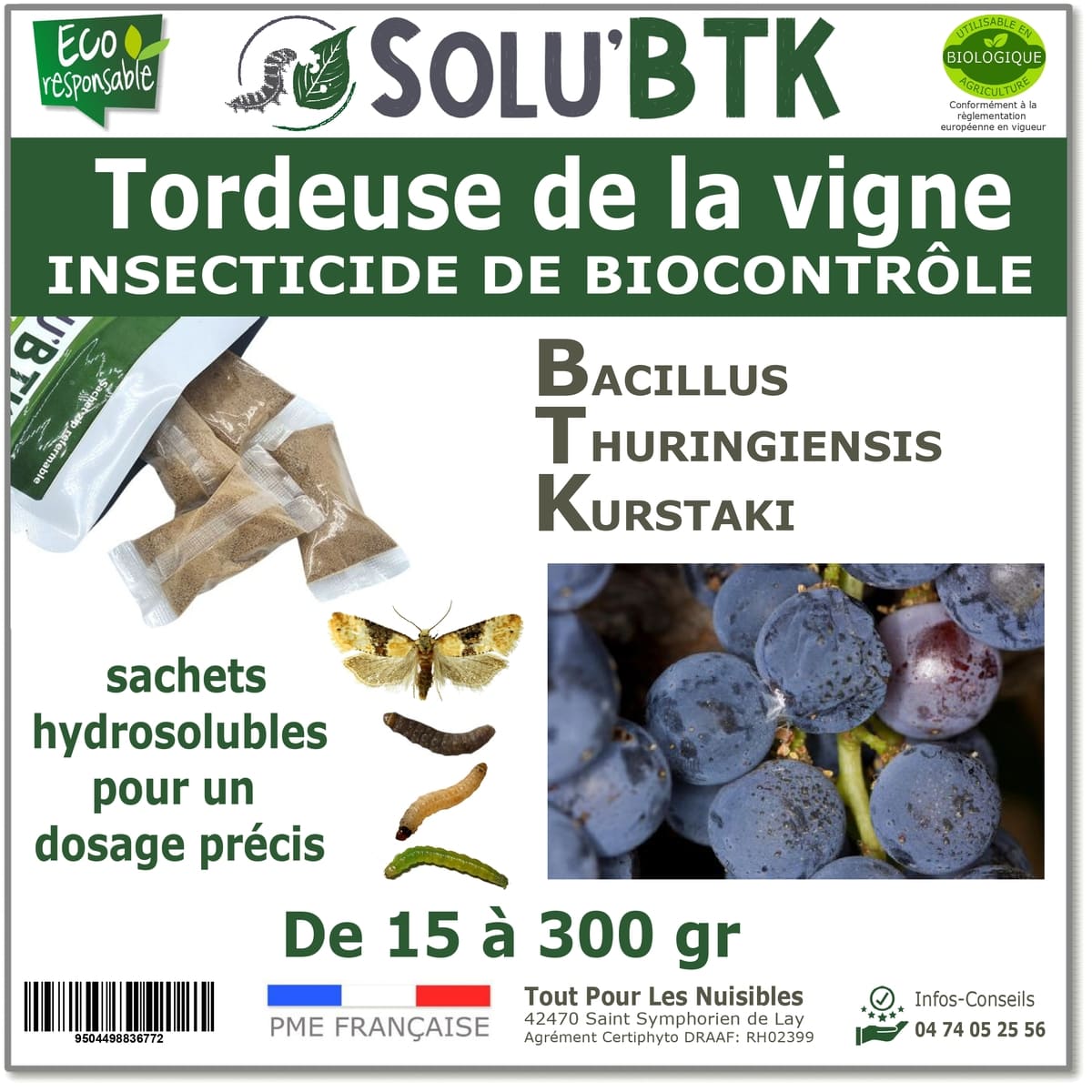 Insecticide BTK de biocontrôle contre les tordeuses des vignes (Eudémis, Cochylis, Eulia), SOLU