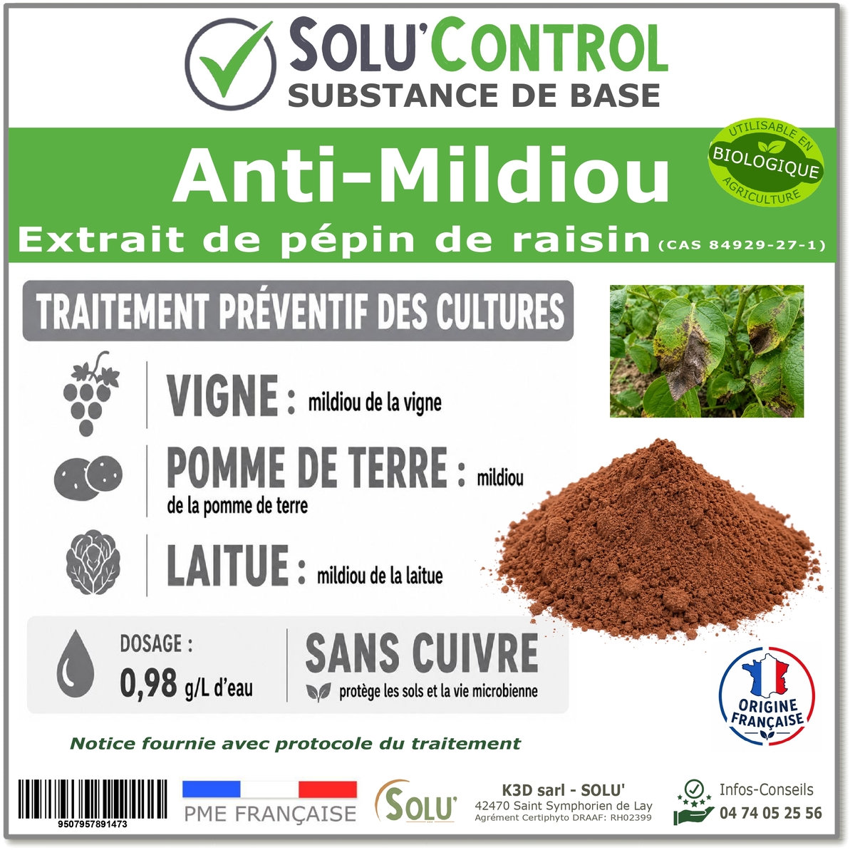Extrait de pépin de raisin – Traitement Fongique préventif contre le Mildiou (vigne, potager) – SOLU